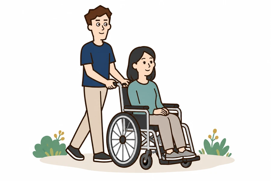車いすを利用する方の外出に付き添う男性スタッフ